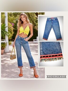 Vintage GUESS Cropped Jeans Beaded Fringe Hem Size 30 Made in USA Y2K-MINT-#234